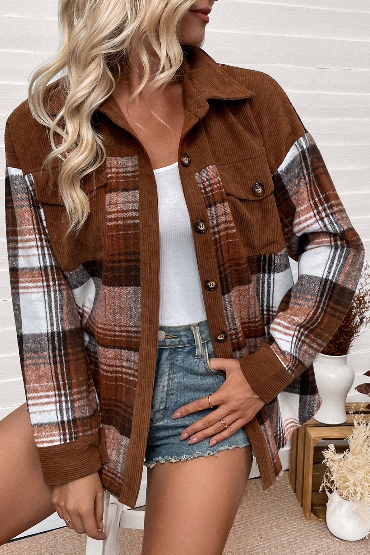 Plaid Corduroy Patchwork Pocket Loose Shacket