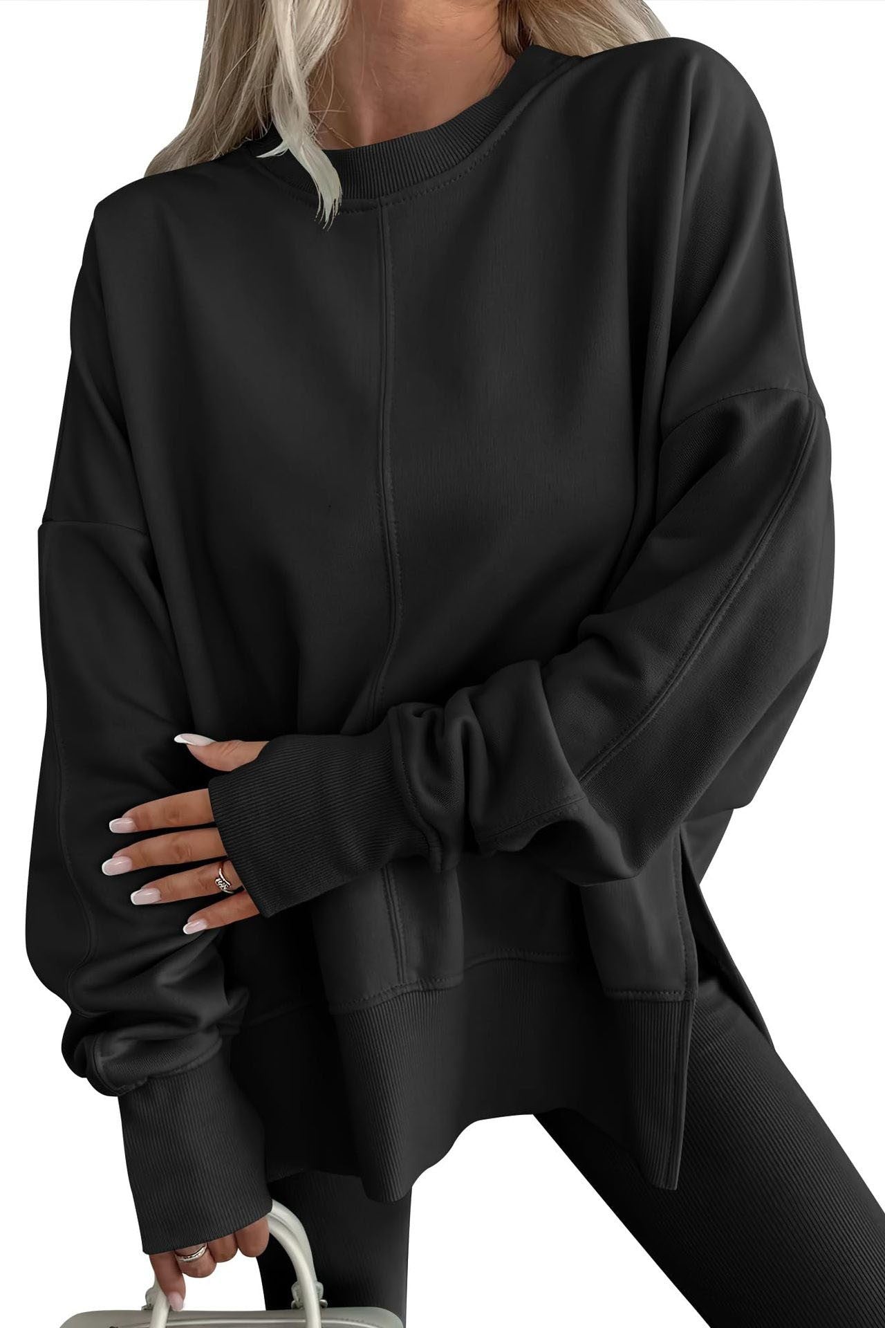 Solid Color Round Neck Loose Fit Sweatshirt