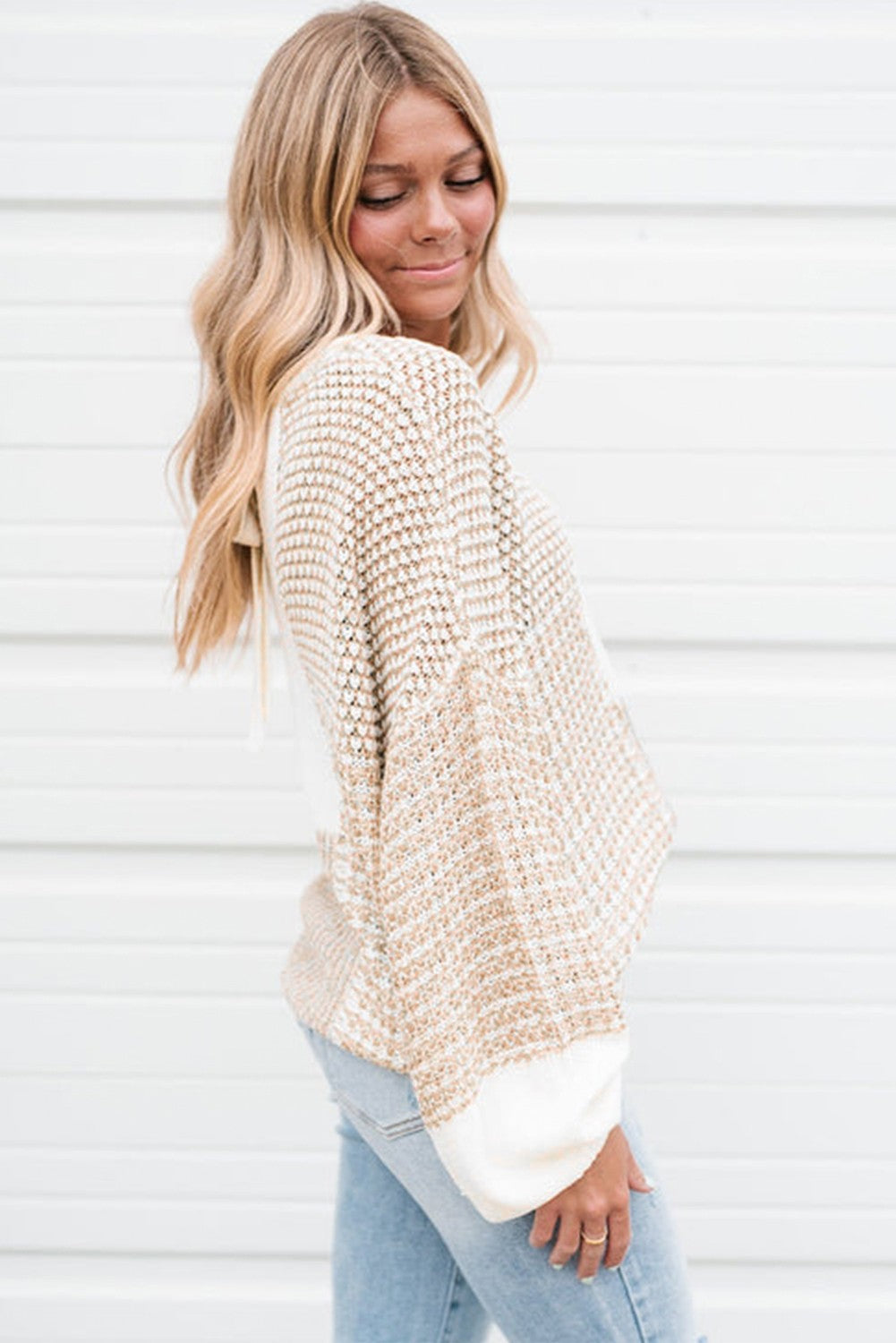 Mixed Knit Tie Keyhole Drop Shoulder Sweater