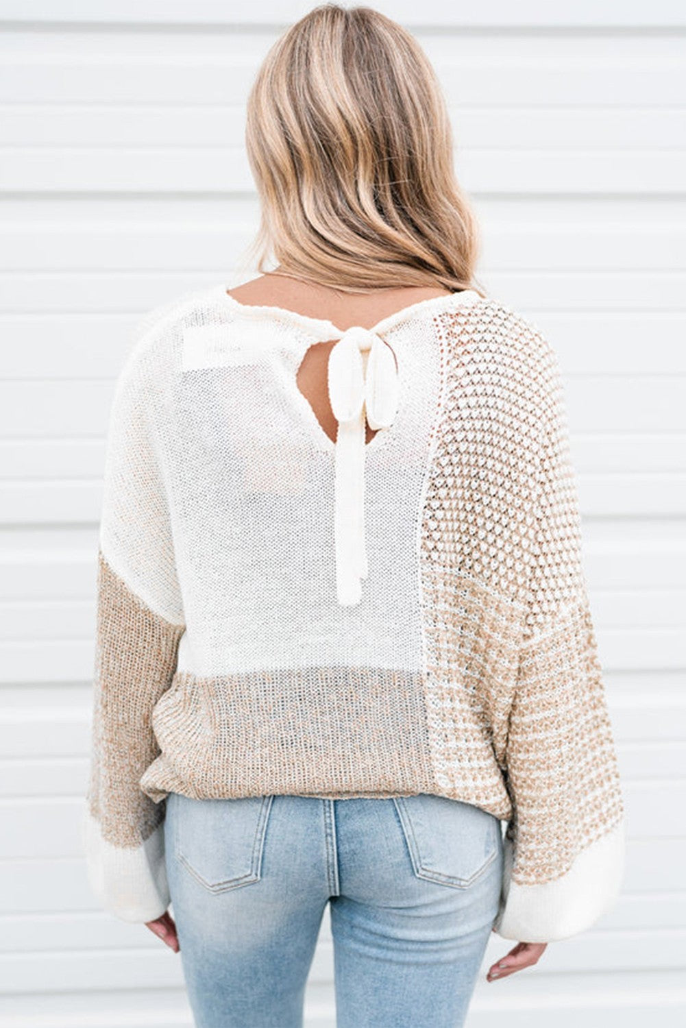 Mixed Knit Tie Keyhole Drop Shoulder Sweater