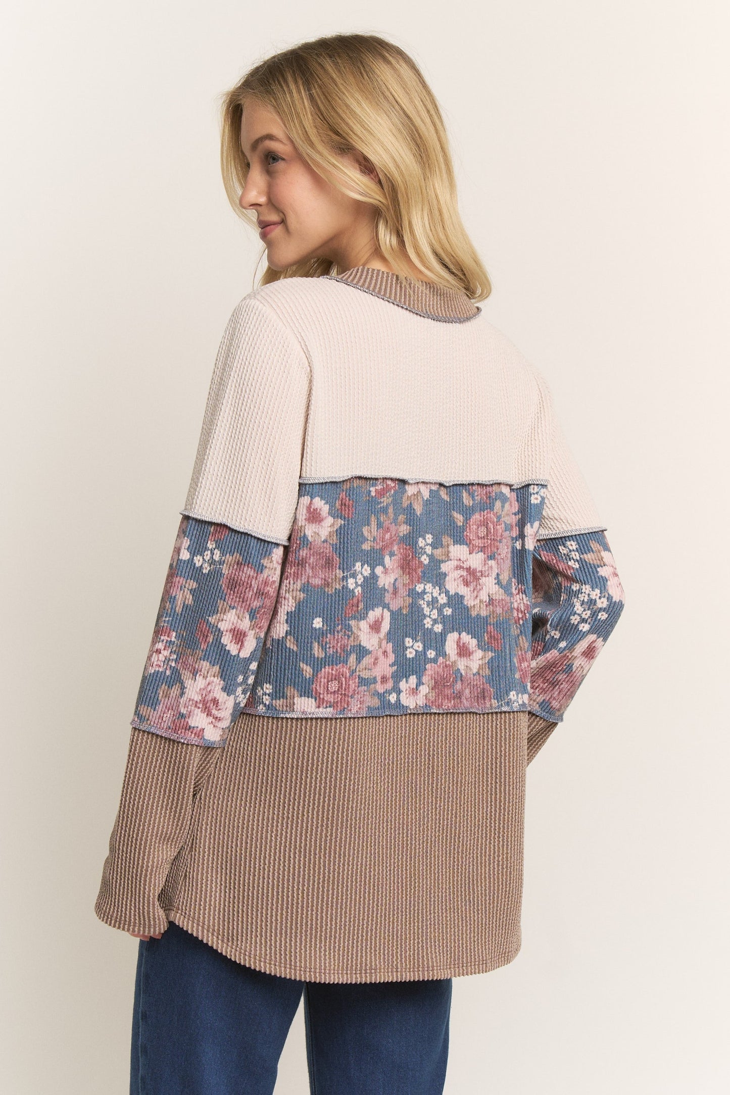 Long Sleeve Solid Urban Rib And Geometric Top