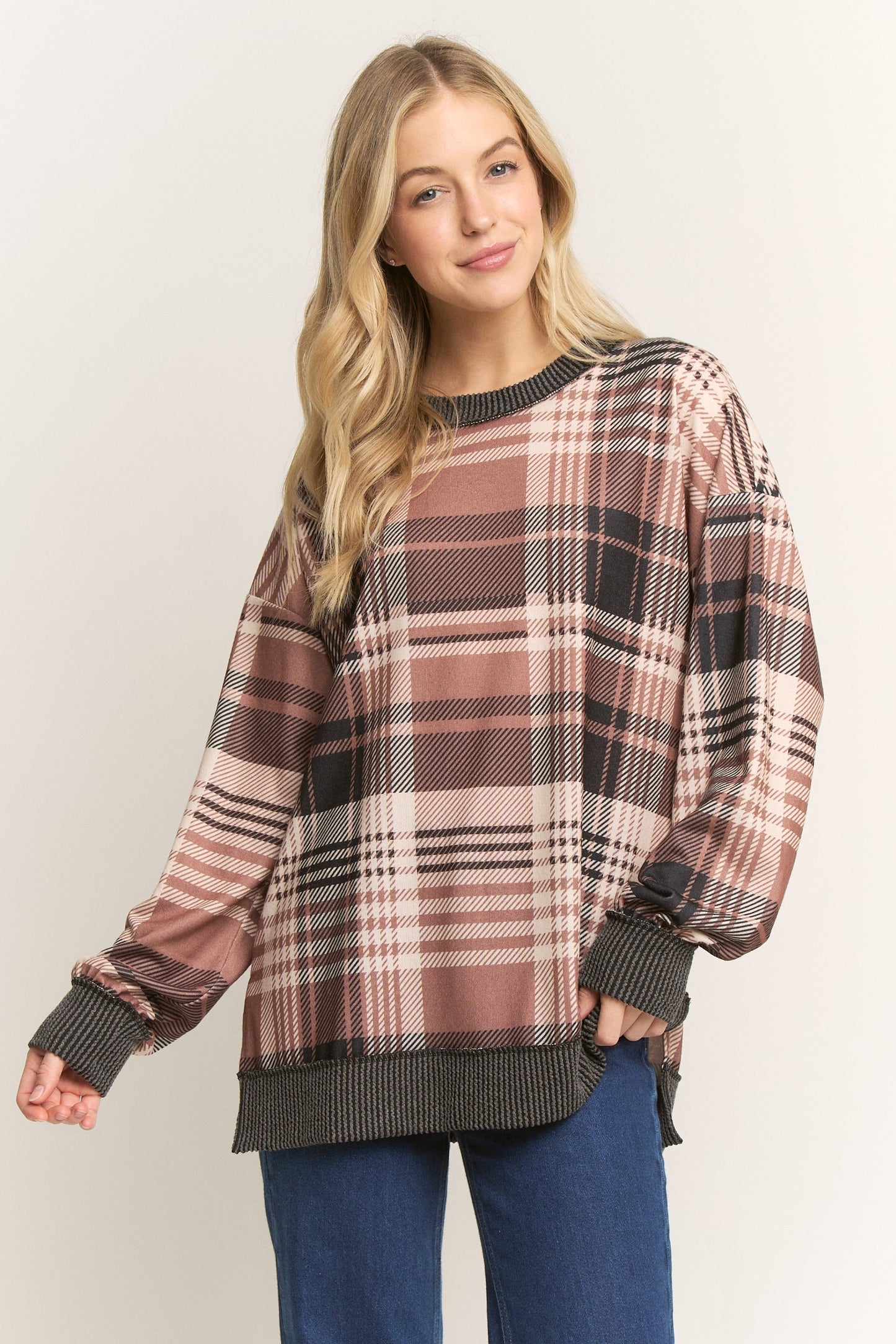 Long Sleeve Round Neck Multi Plaid Top