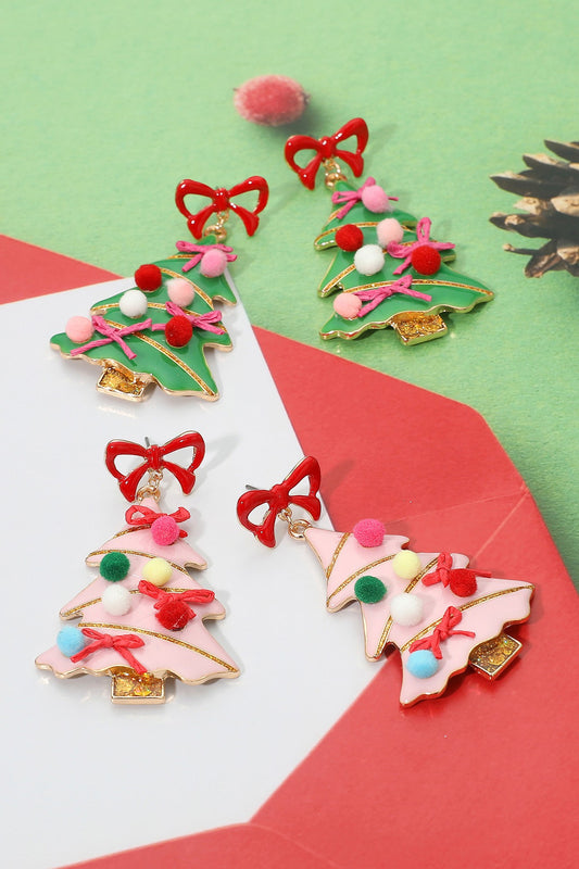Enamel Bow Pom Pom Christmas Tree Dangle Earrings