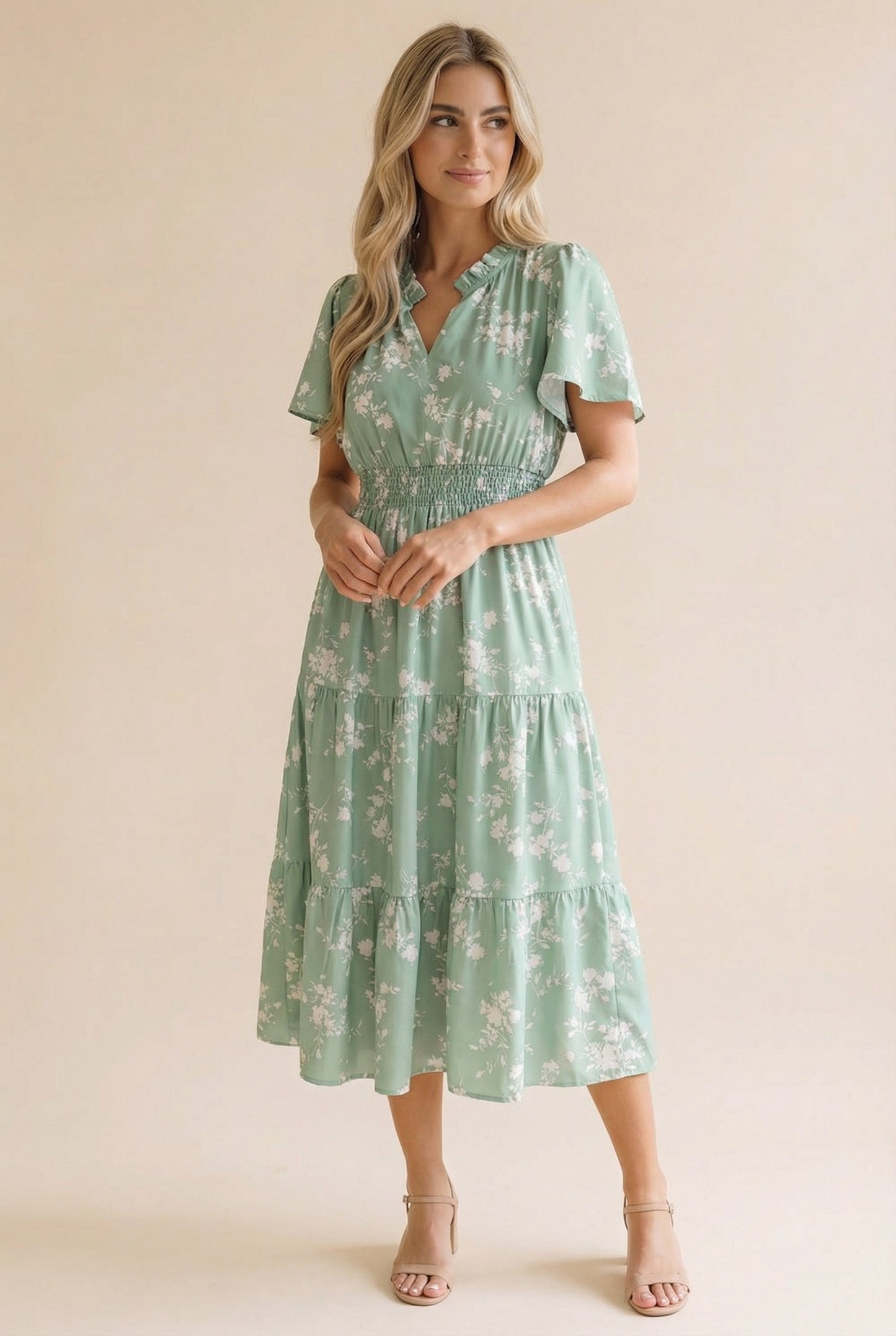 Frilled Notch Neck Smocked Waist Floral Dress