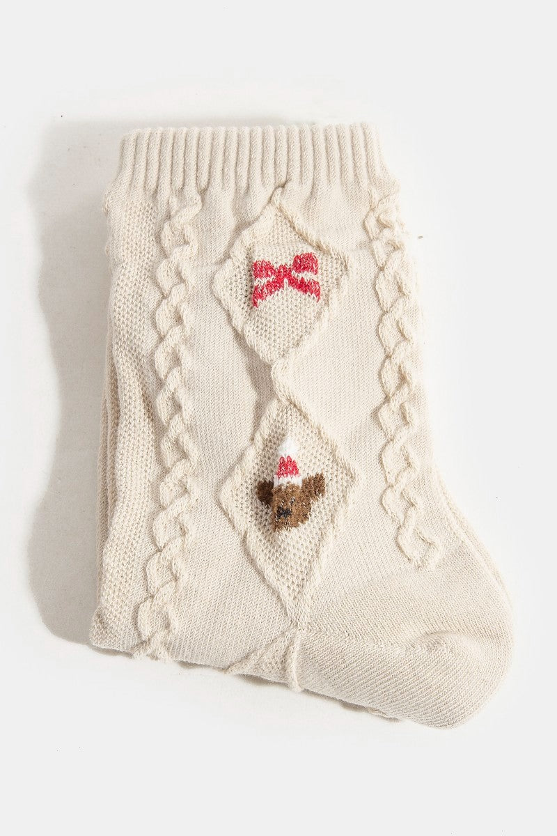 Embroidered Christmas Reindeer Beige Socks