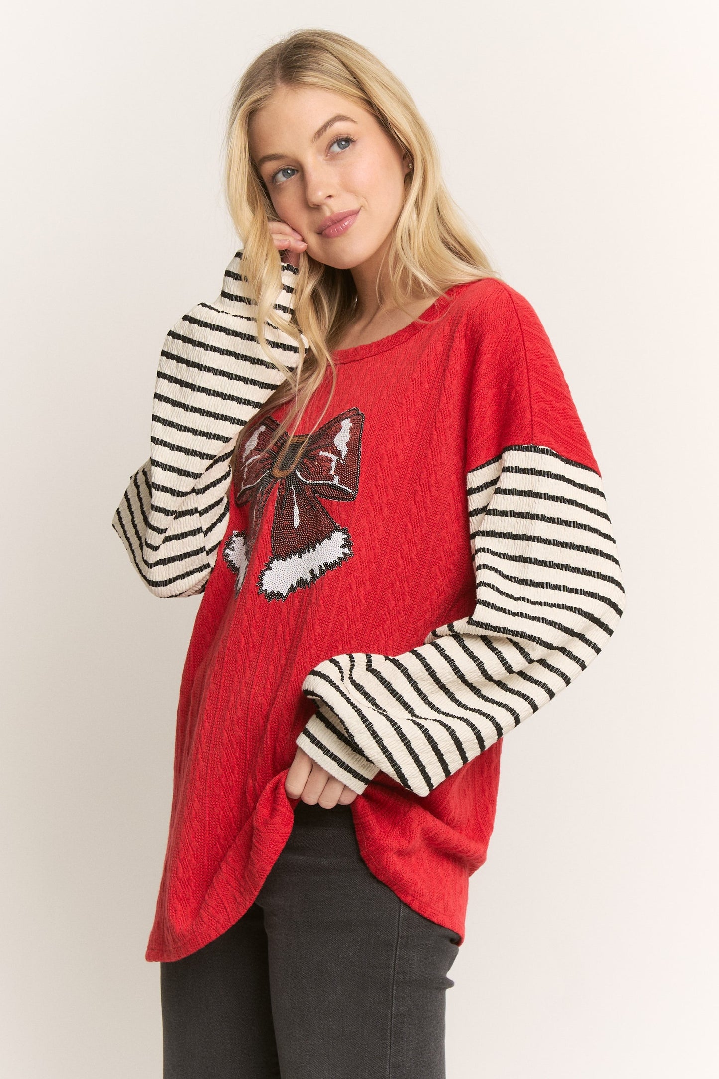 Solid And Stripe Top With Christmas Patch