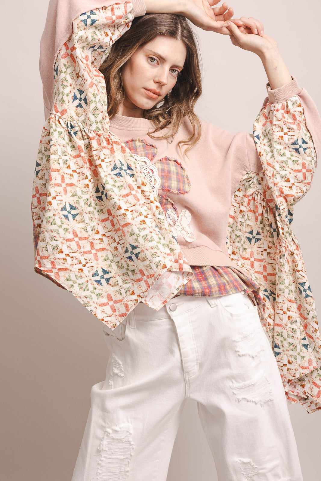 Flower Patchwork Handkerchief Hem Pullover
