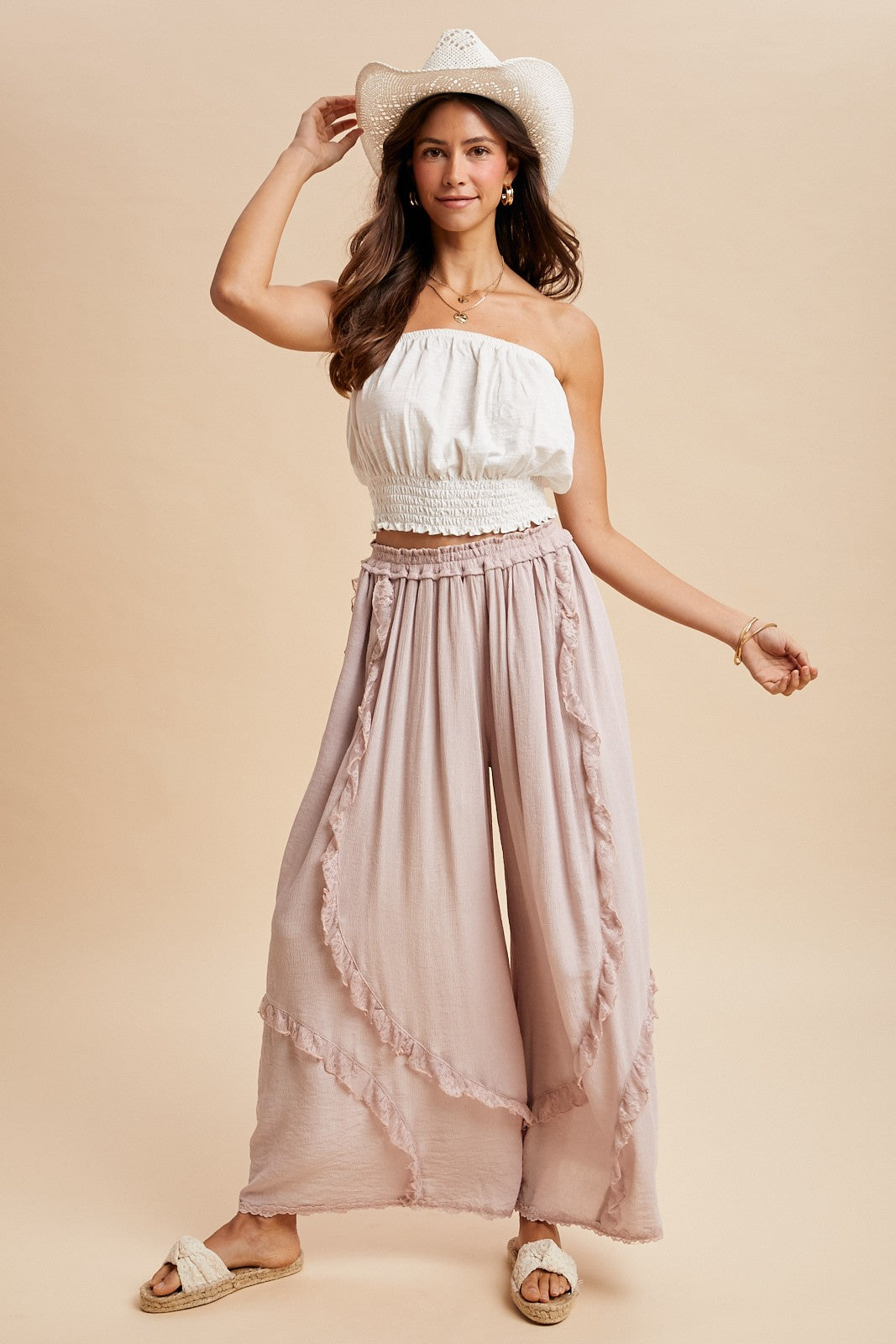 Lace Ruffle Trimmed Crinkle Woven Palazzo Pants