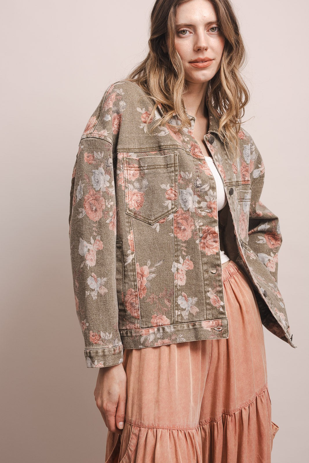 Flower Print Button Down Denim Jacket