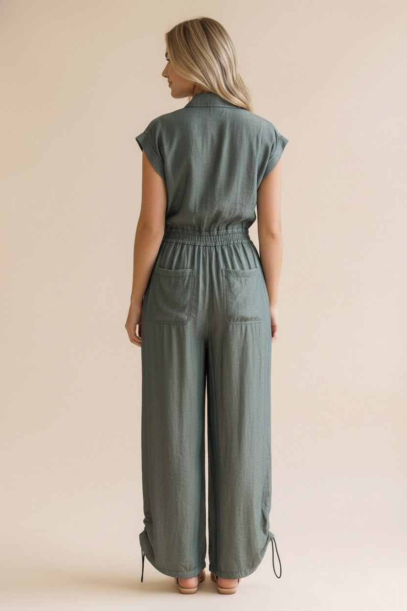 Button Down Pintuck Smocked Chambray Jumpsuit