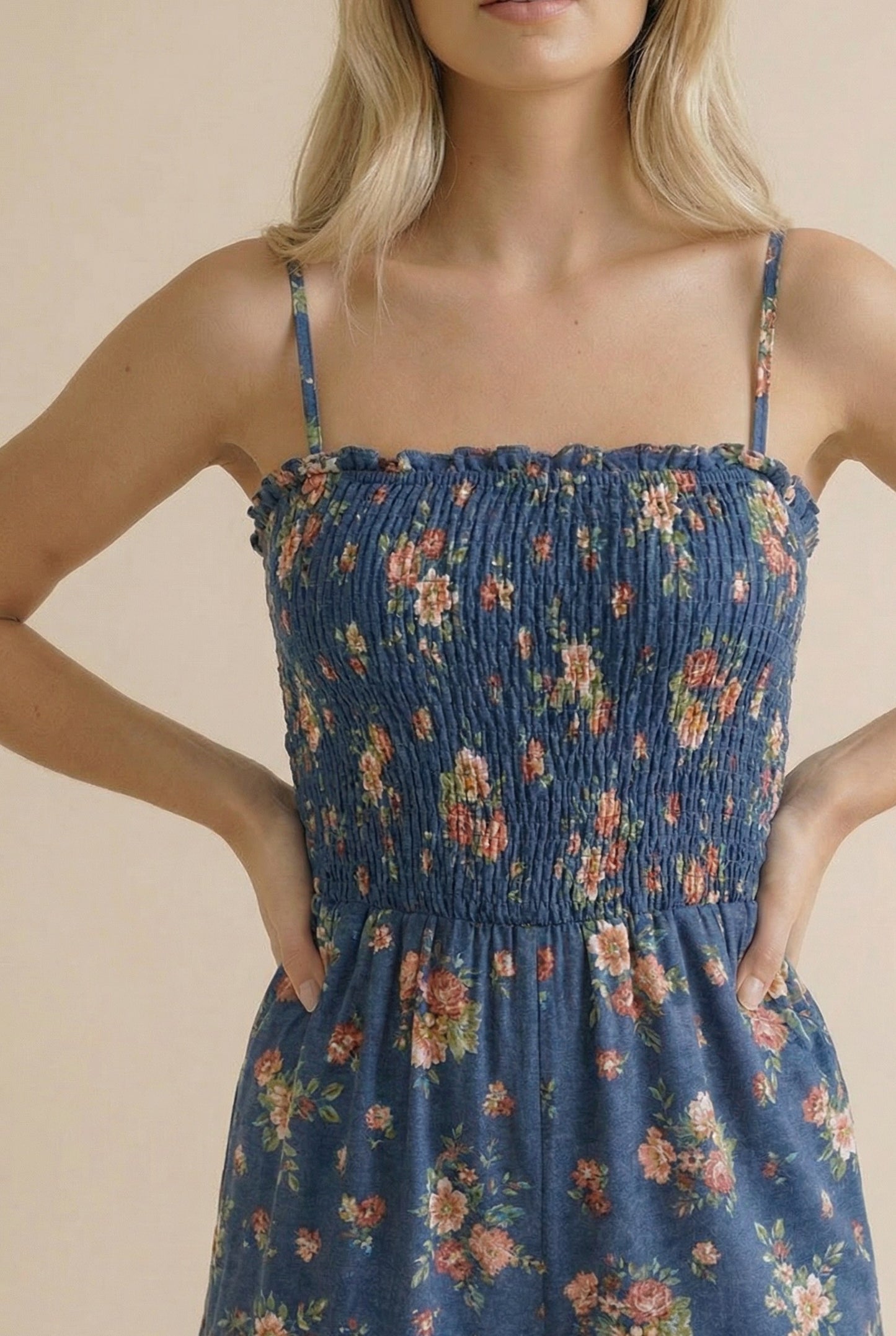 Strap Shoulder Smocking Floral Jumpsuit