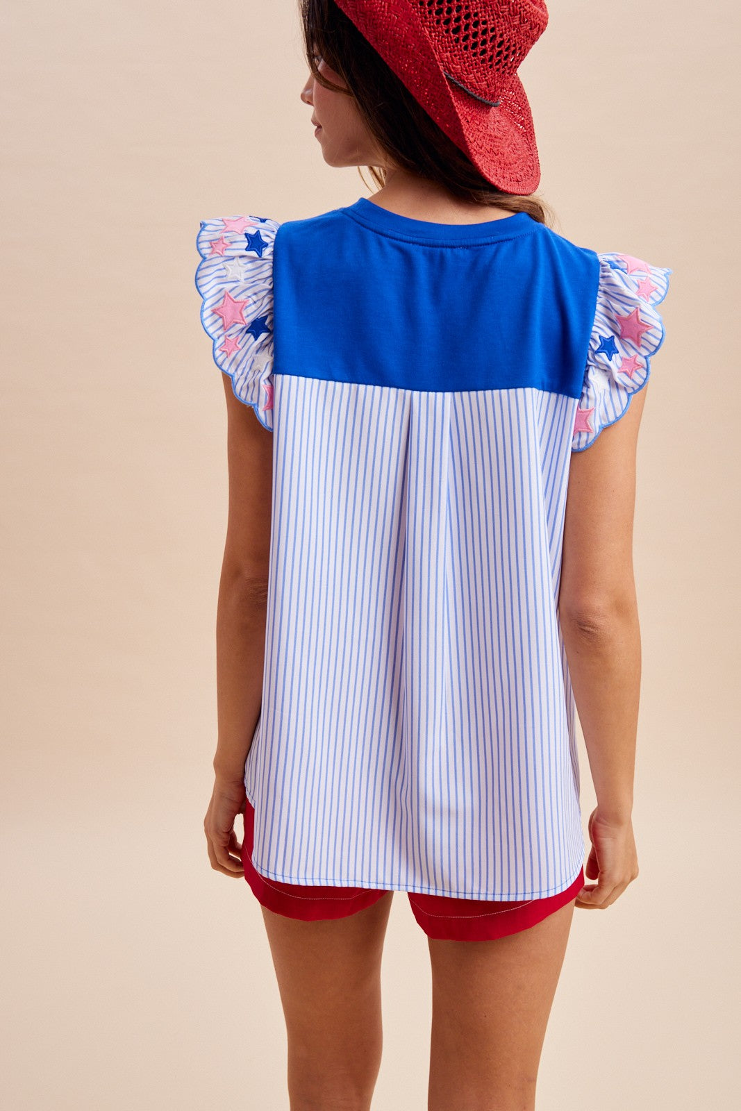 4th Of July Star Embroidered Stripe Panel Knit Top