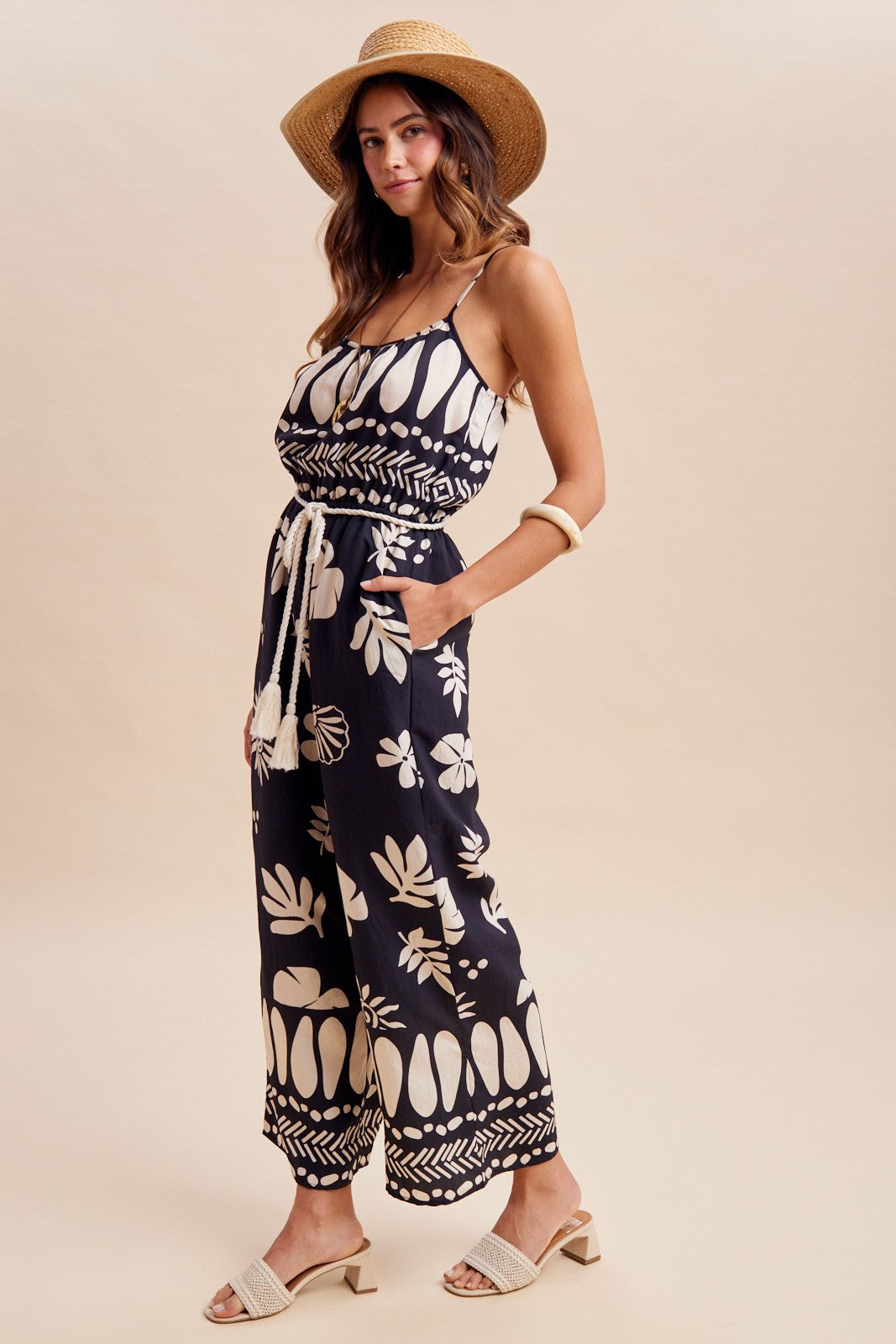 Tropical Floral Print Cami Jumpsuit With Belt Waist
