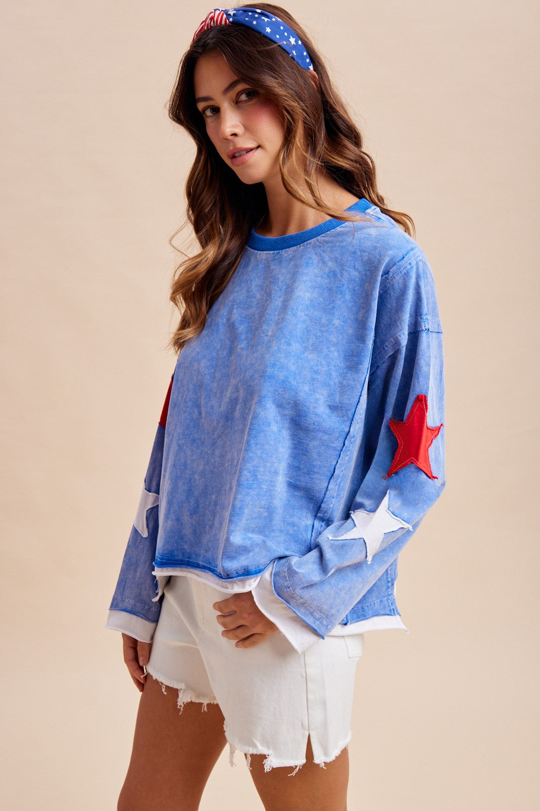 4th Of July Star Patched Long Sleeve Jersey Top