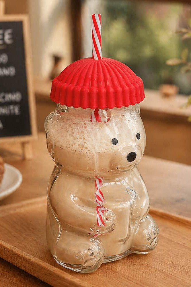 Viral Bear Shaped Glass Drink Cup With Reusable Straw
