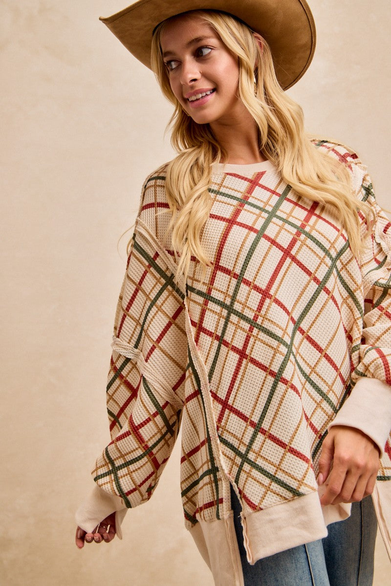 Christmas Plaid Print Waffle Sweatshirt Top