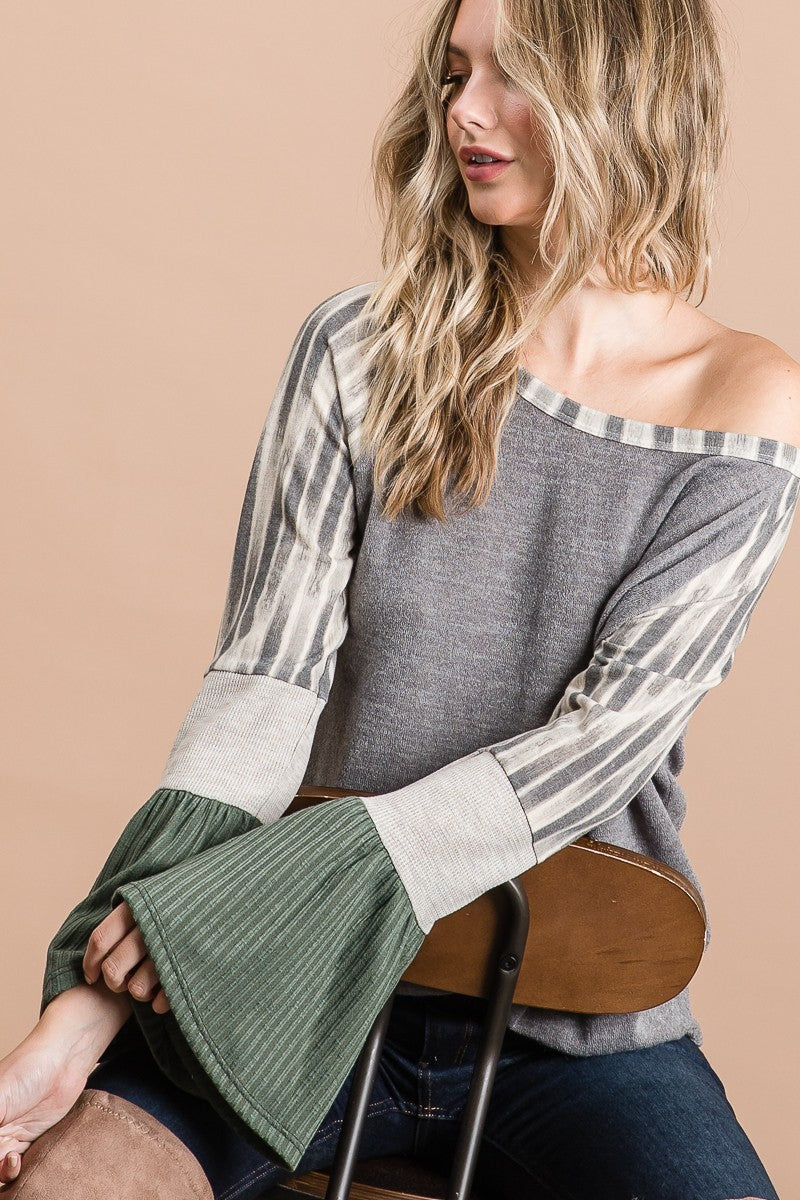 Sweater Knit Top With Double Rib Bell Cuff