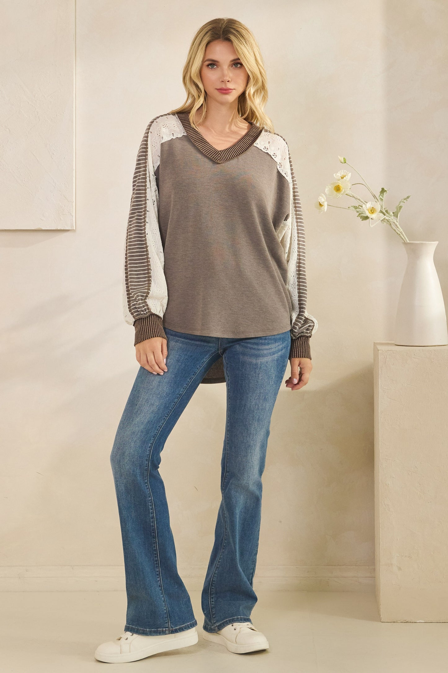 Multi Fabric Contrast Sleeve V Neck Top