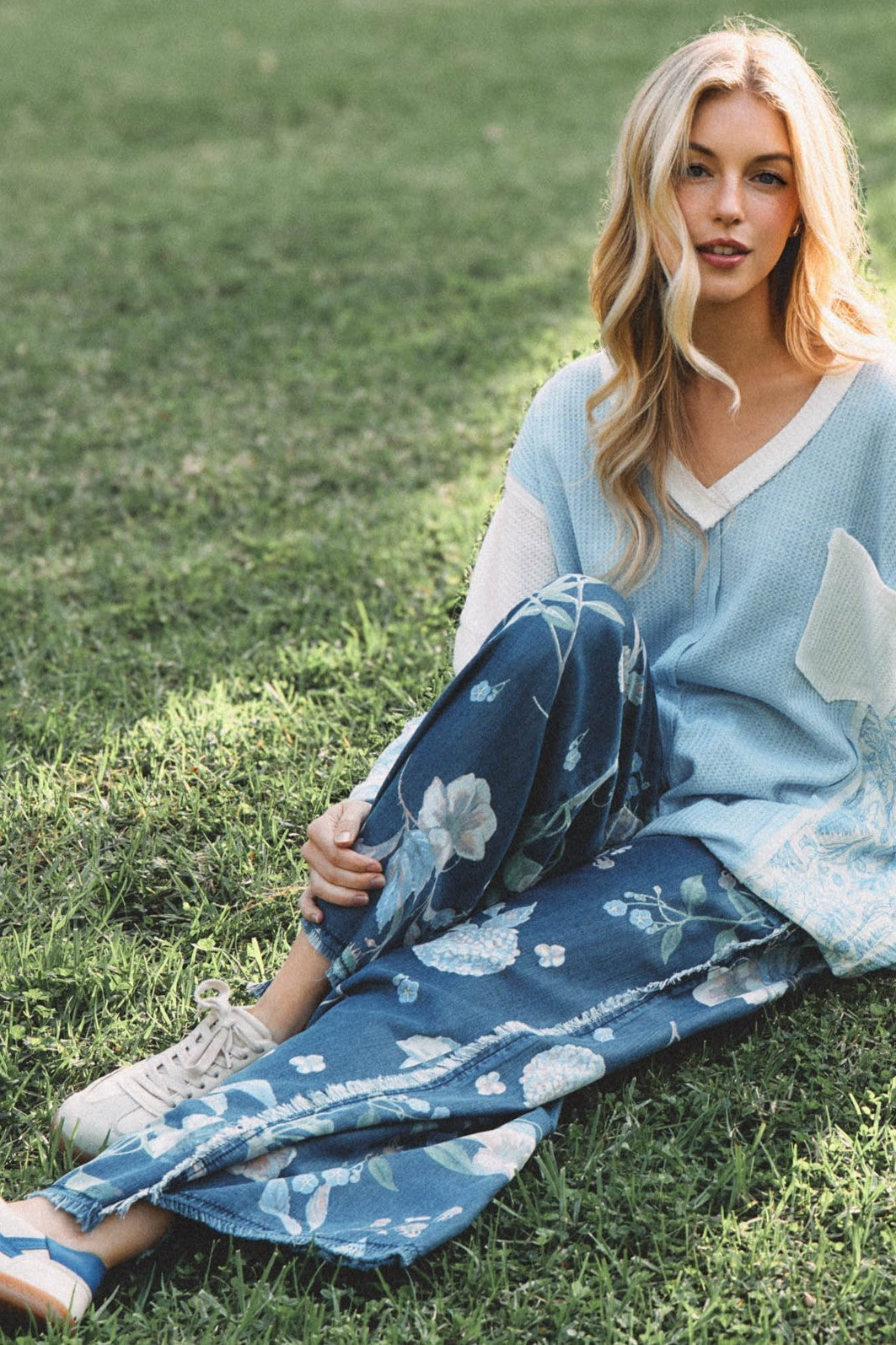 Botanical Print Wide-leg Denim Pants