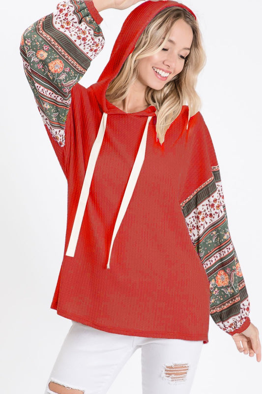 Thermal Waffle Hoodie With Boho Print