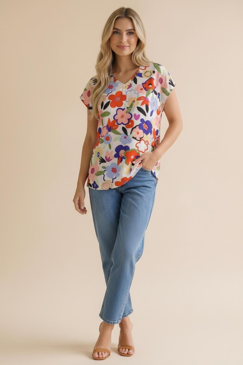 V Neck Drop Shoulder Short Sleeve Floral Top