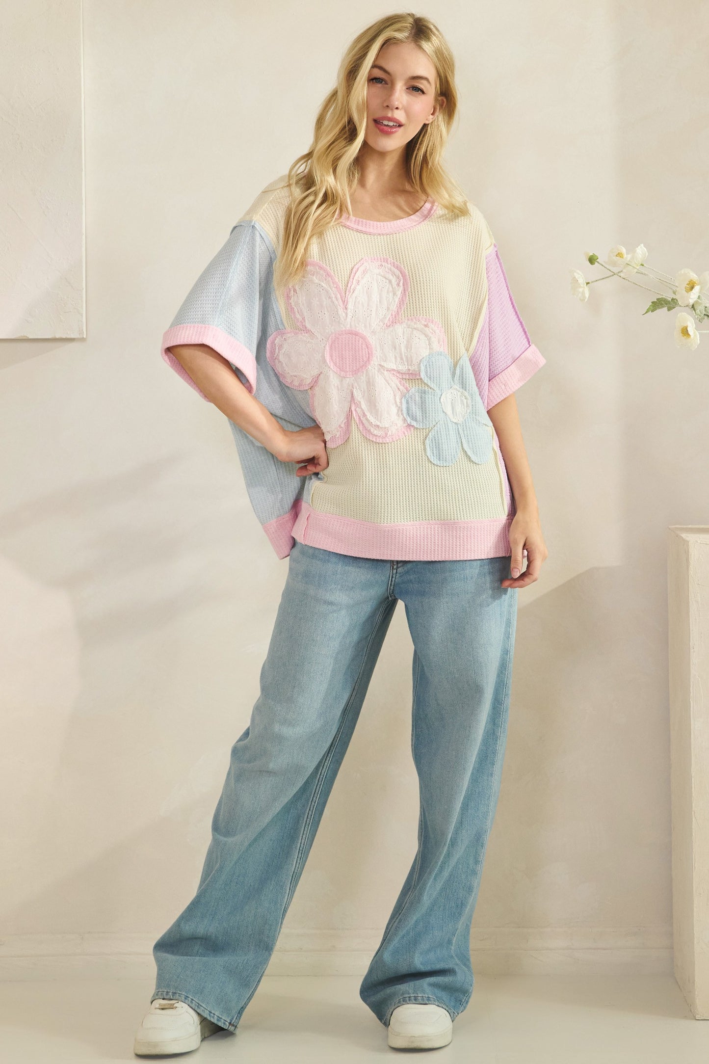 Waffle Knit Patch Daisy Floral Block Tee