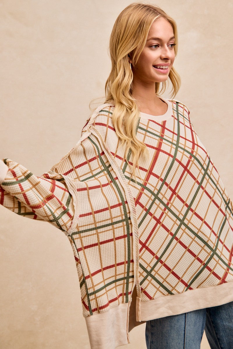 Christmas Plaid Print Waffle Sweatshirt Top