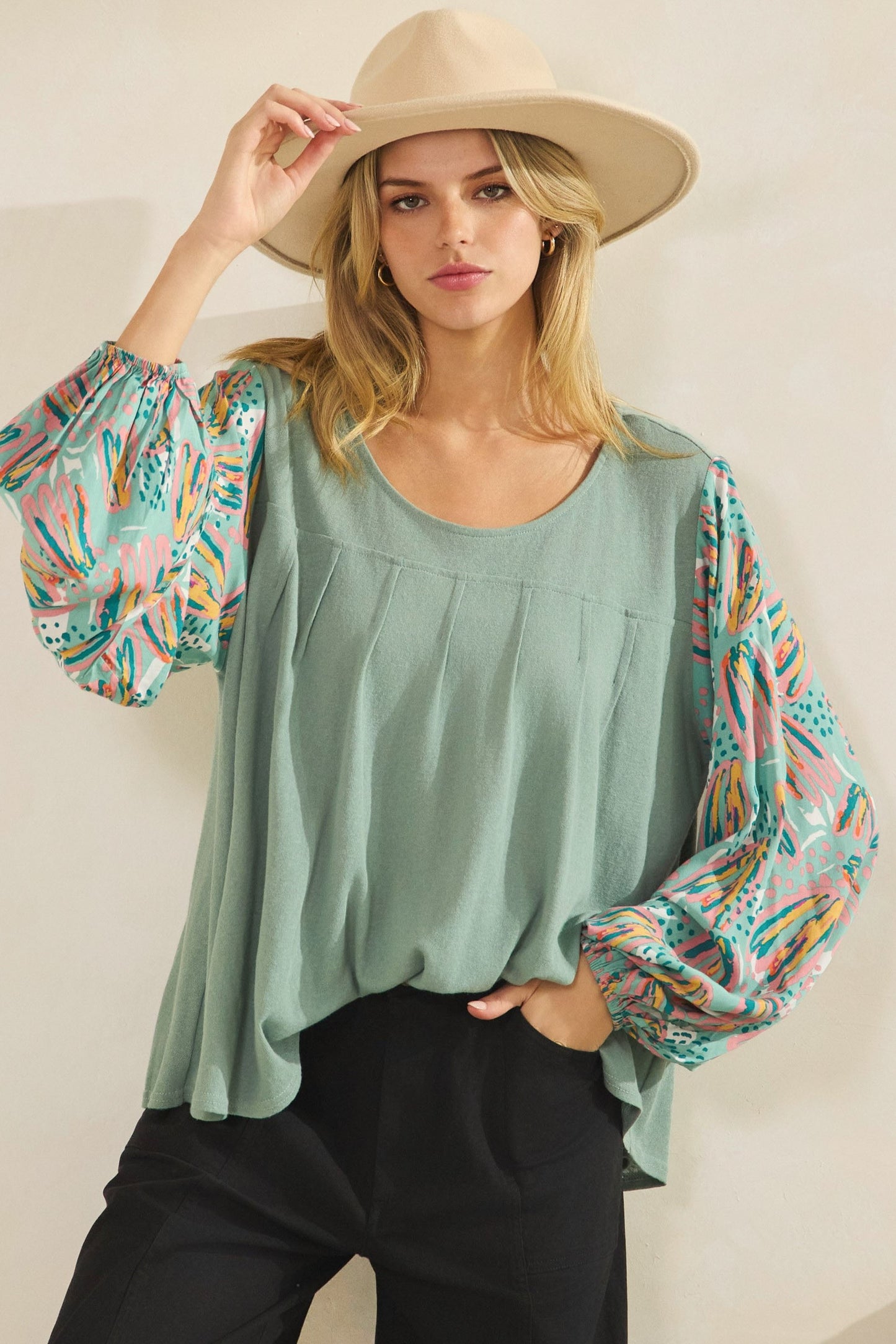 Solid Top With Floral Contrast Print Top
