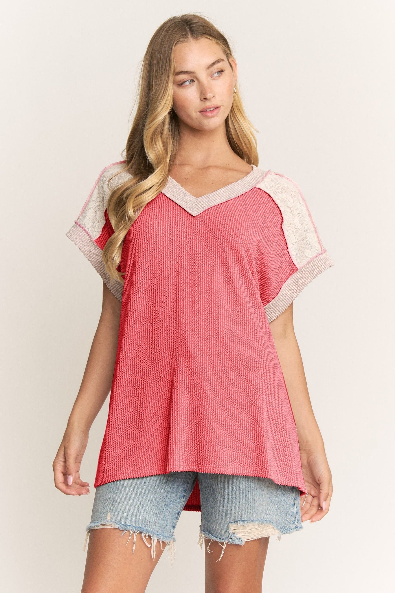 Lace color block top