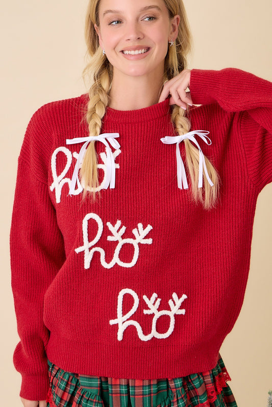 Ho Ho Ho Reindeer Holiday Knit Sweater With Bows