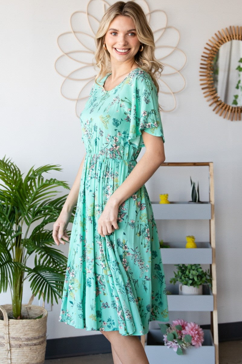 Floral Shirred Tiered Midi Dress