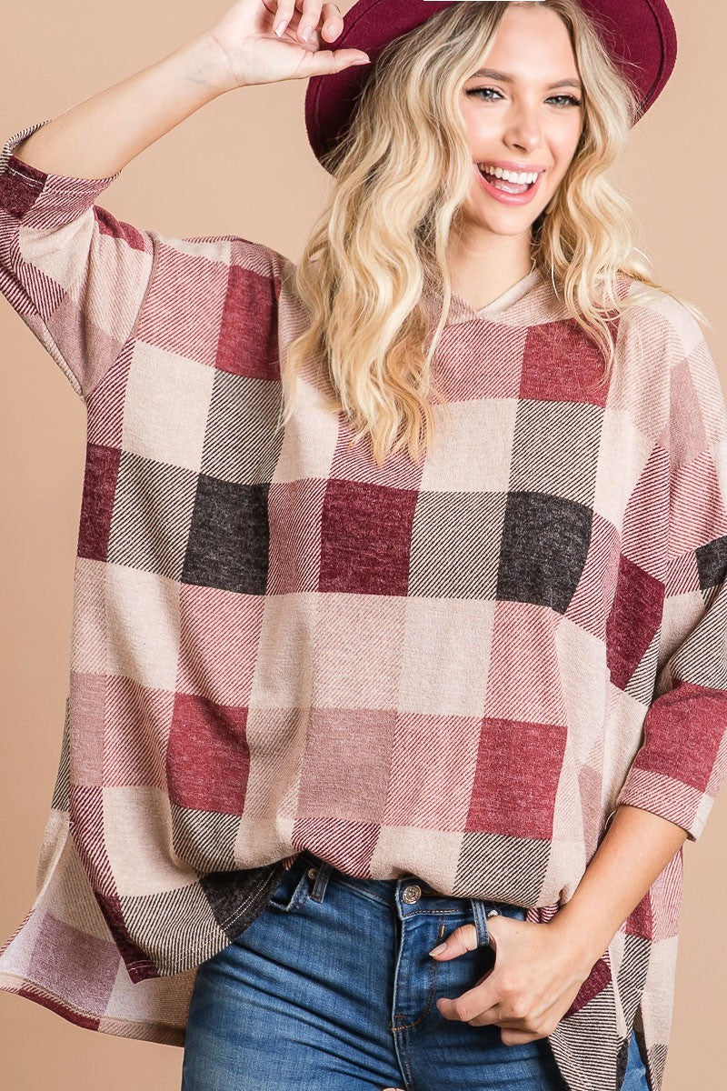 Plaid Check Print Sweater Knit Hoodie
