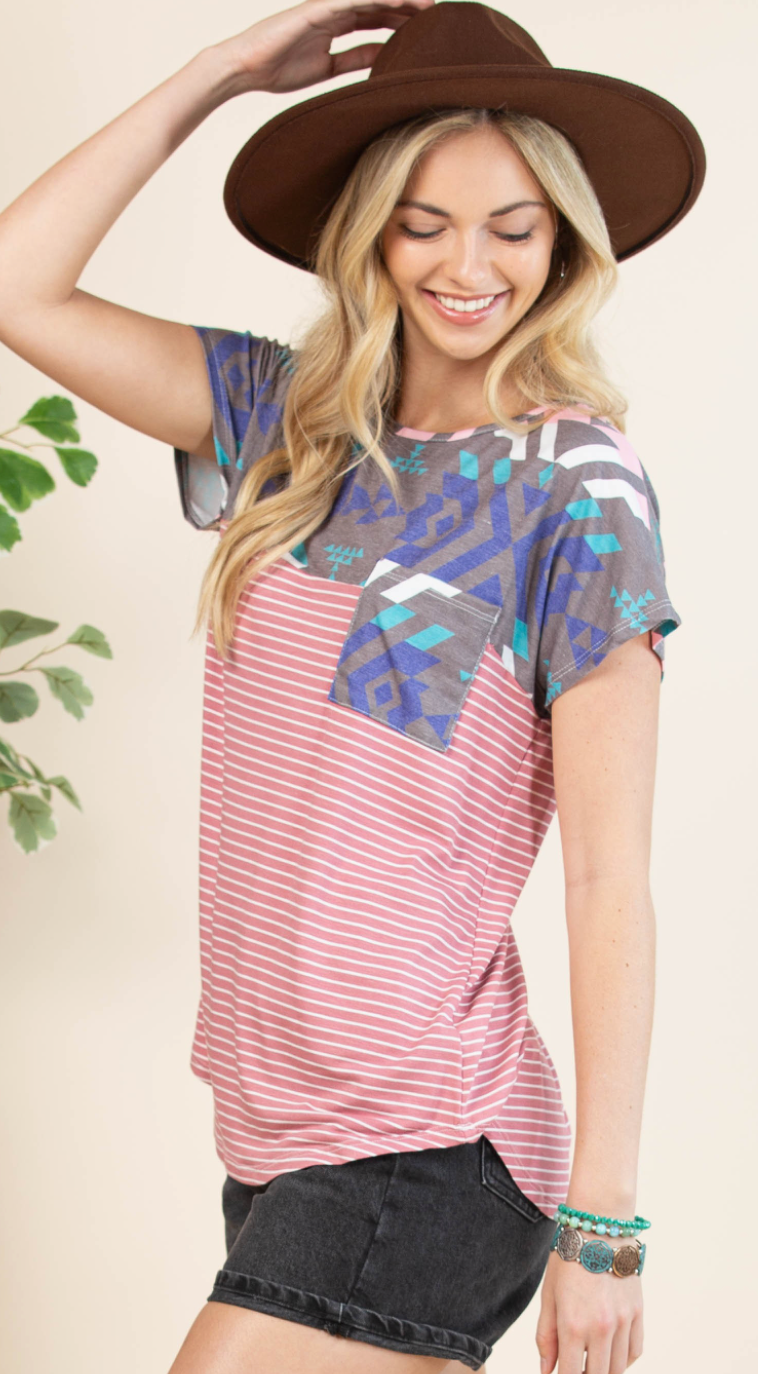 Geo Print Relaxed Fit Striped Pocket Top