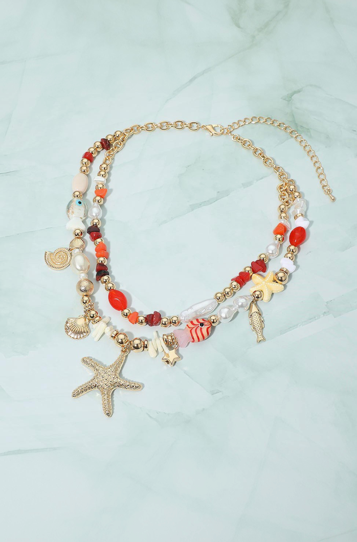 Coastal Charm Pearl Pebble Beaded Layered Strand Necklace