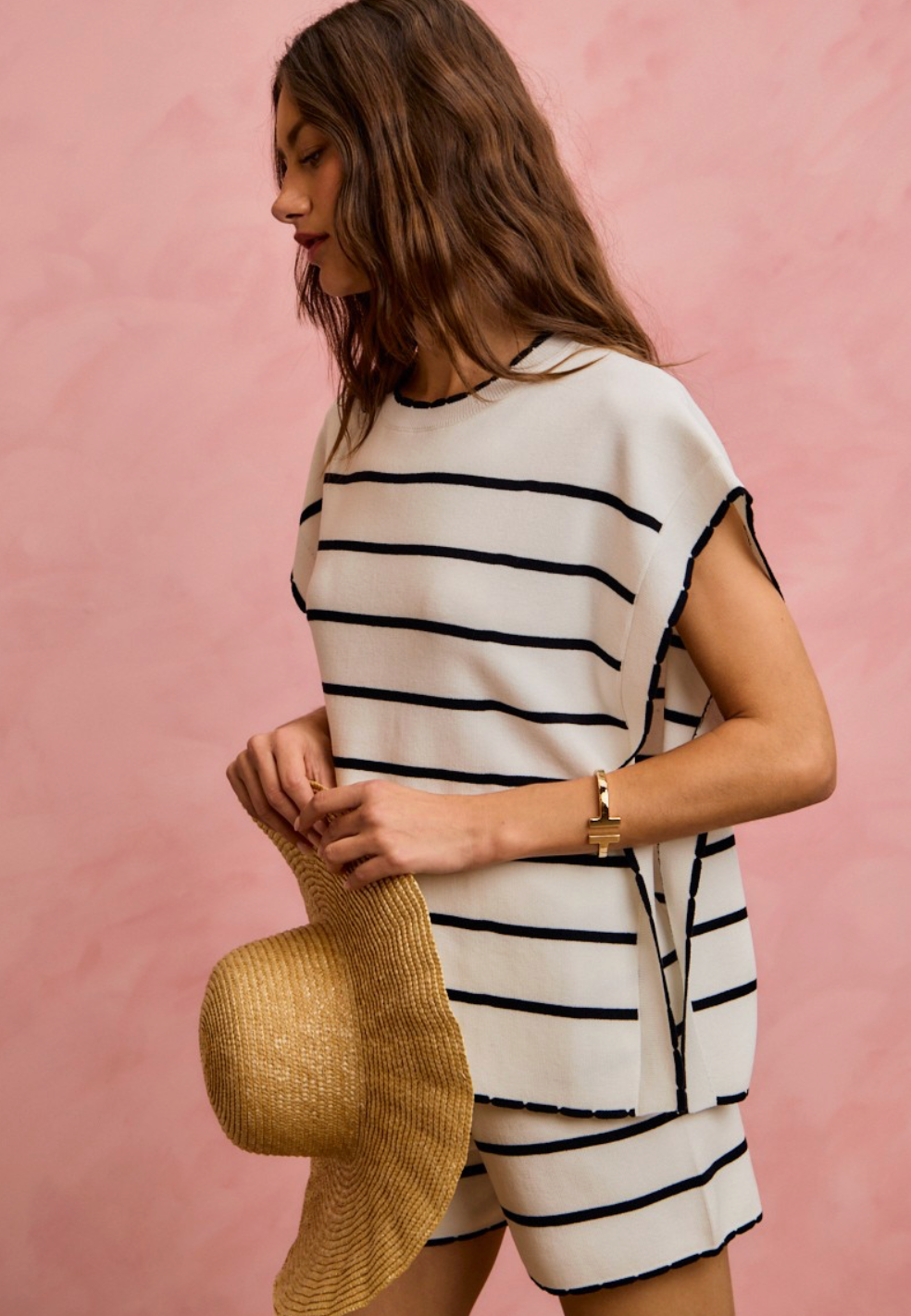 Stripe Knitted Sweater Dolman Top And Shorts Set