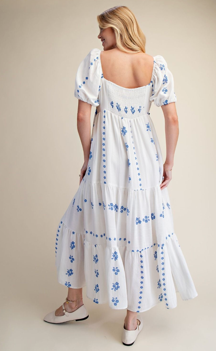 PUFF SLVS TIERED MIDI DRESS