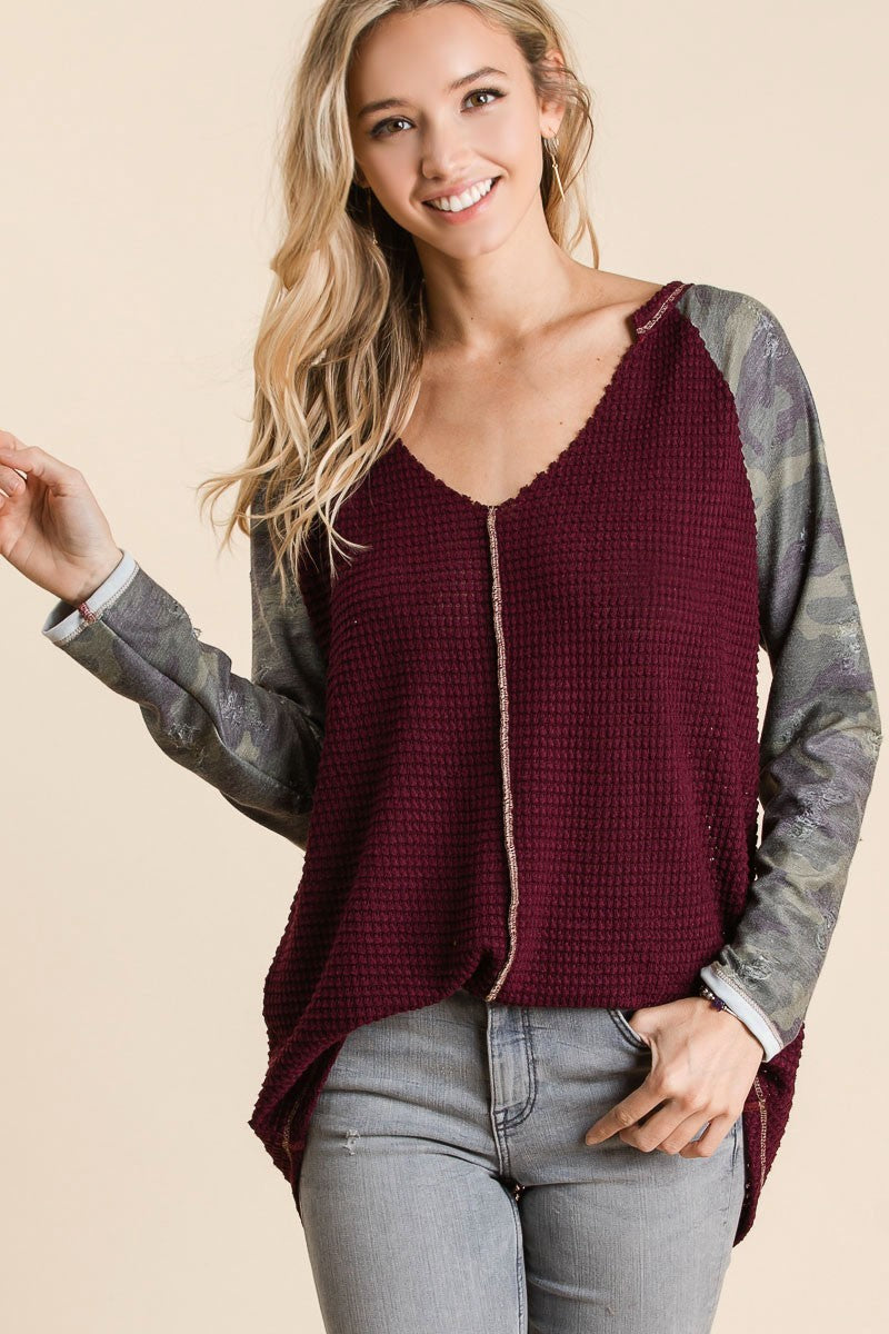 Popcorn Waffle Top With Contrast Stitching