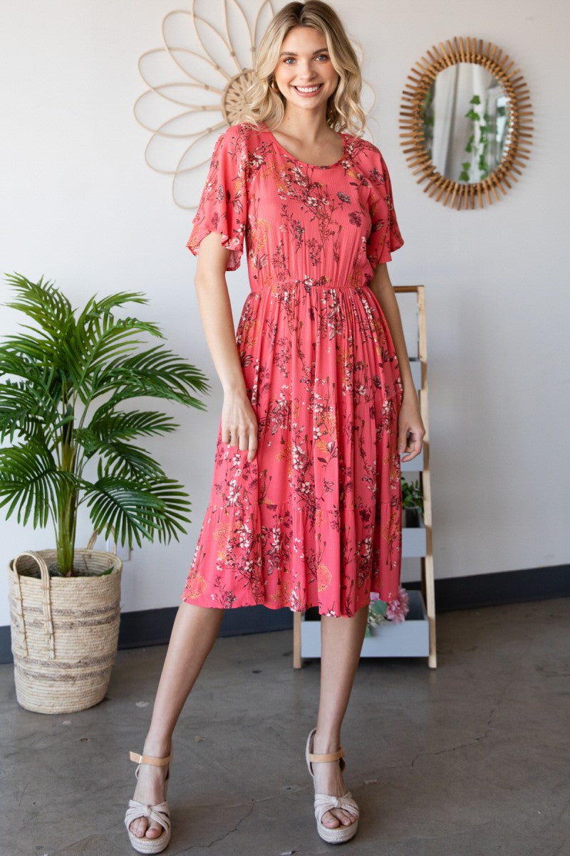 Floral Shirred Tiered Midi Dress