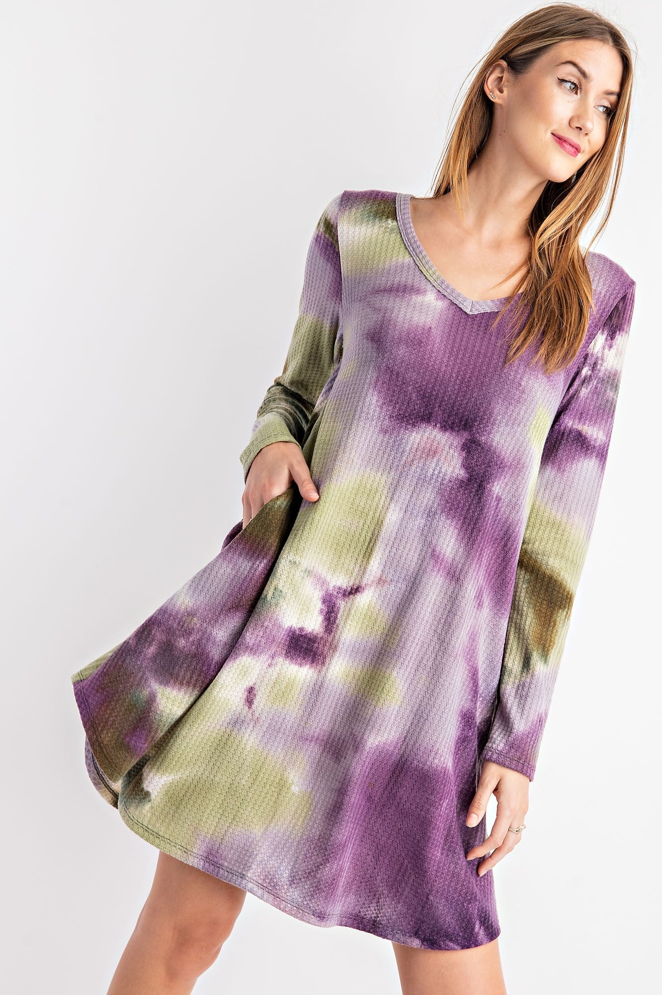 Tie Dye Print Waffle Long Sleeve Dress
