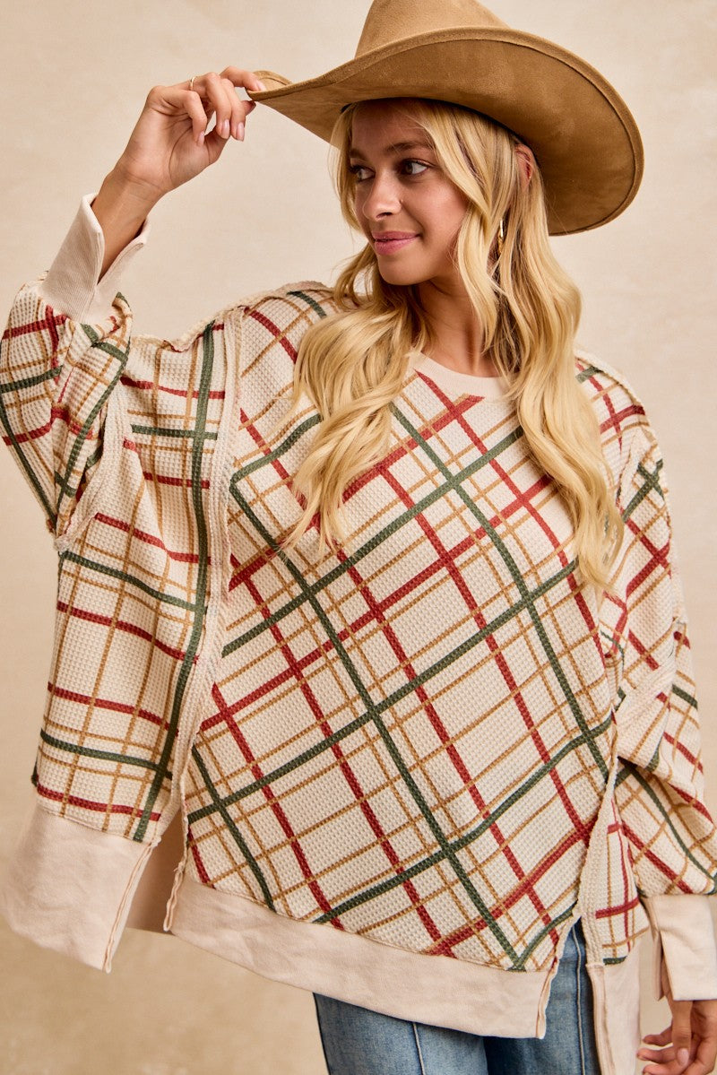 Christmas Plaid Print Waffle Sweatshirt Top