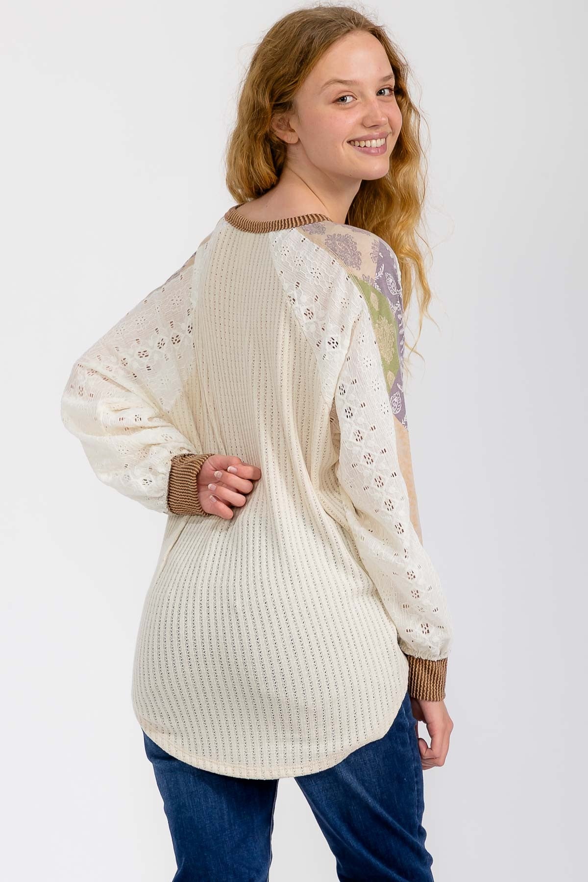 Plus Mixed Fabric Patchwork Henley Top