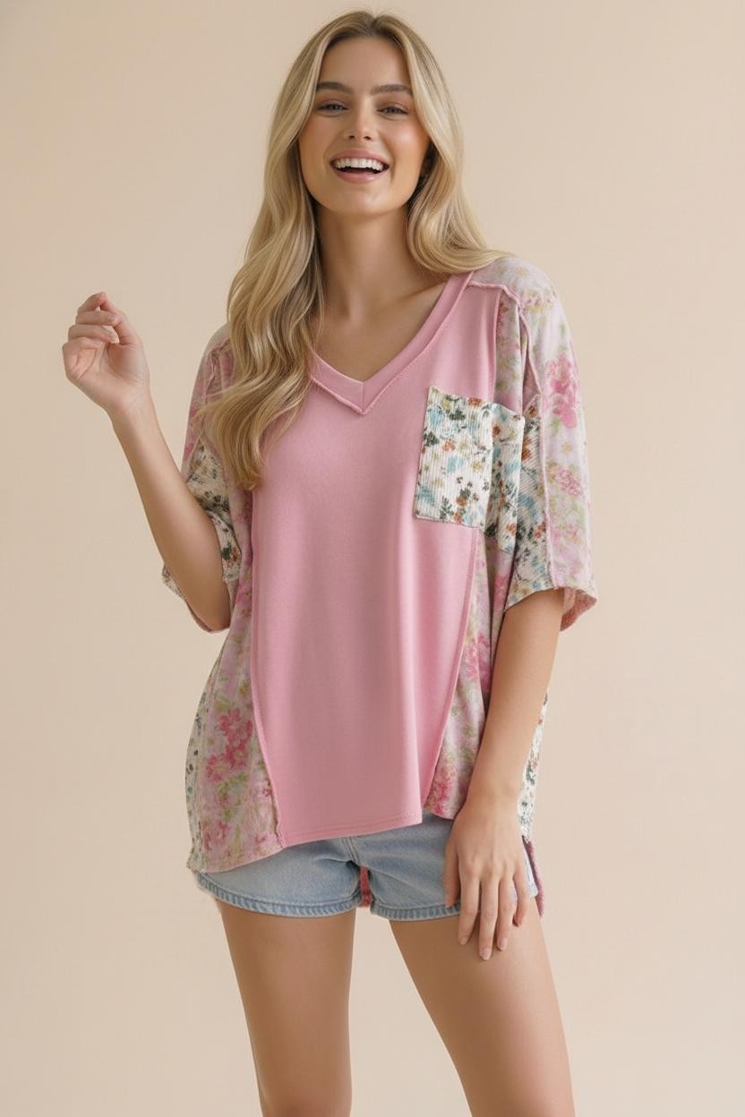 Short Sleeve Floral Print Knit Top W/ Pocket