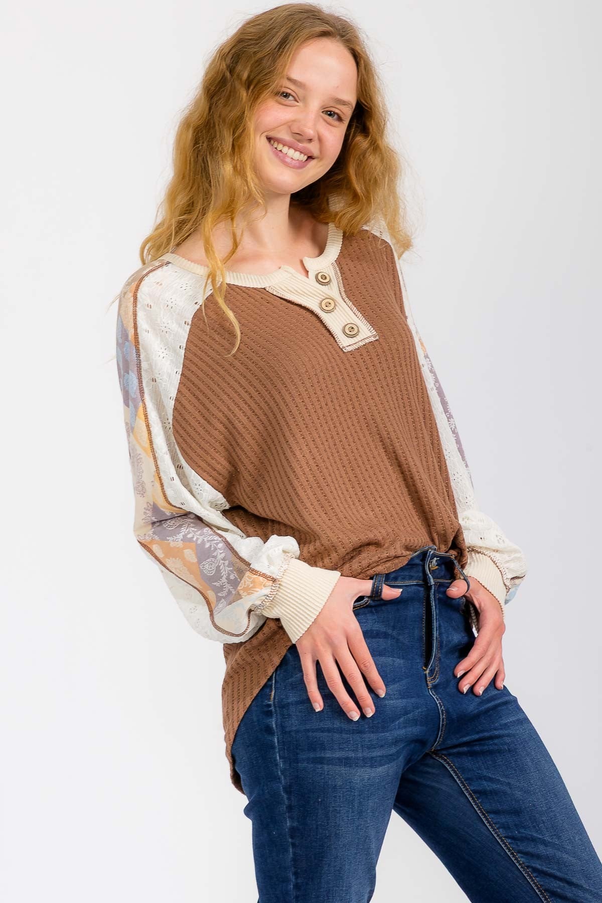 Plus Mixed Fabric Patchwork Henley Top