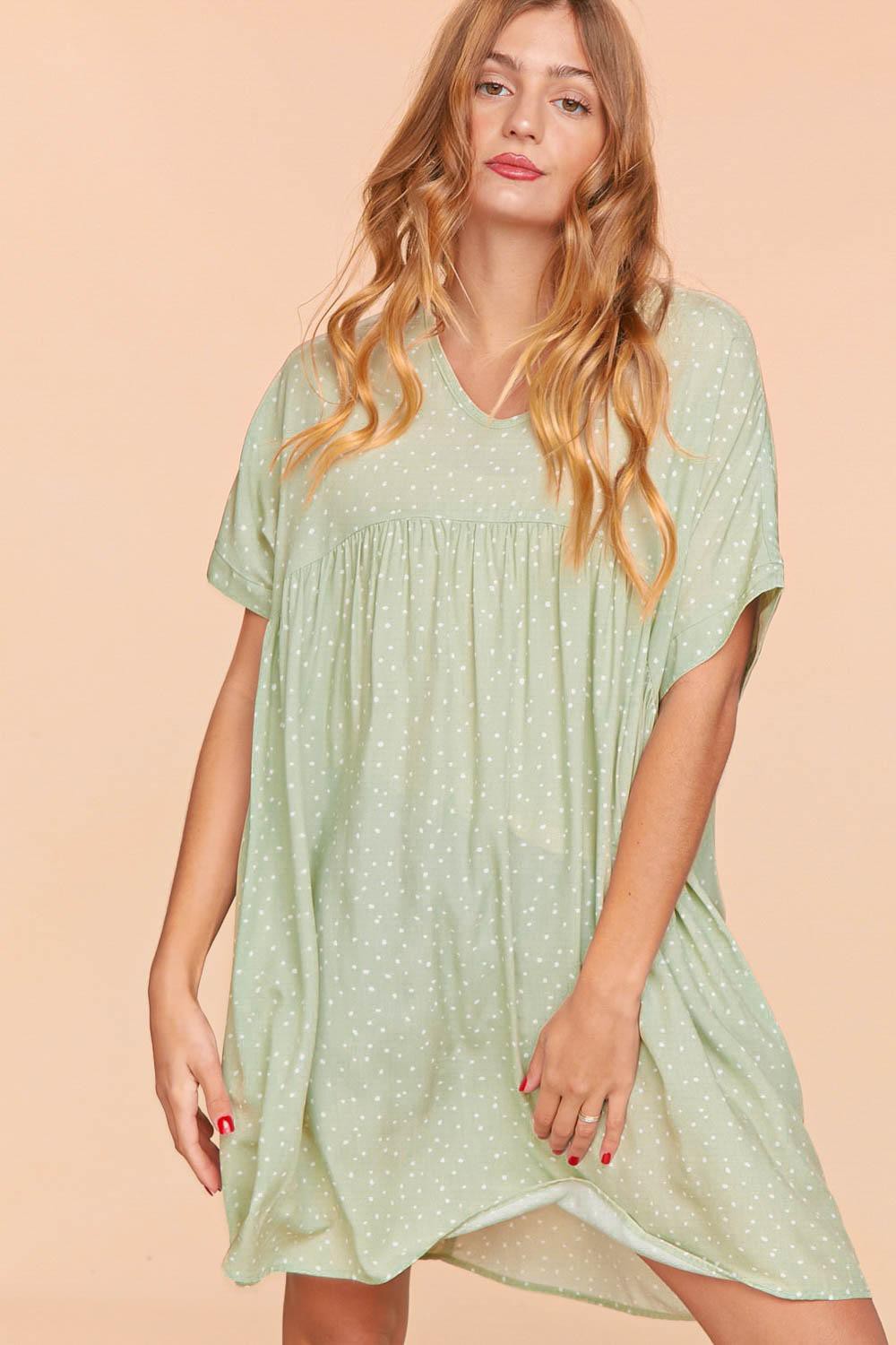 Small Dotted Print Woven Dress With Side Pockets