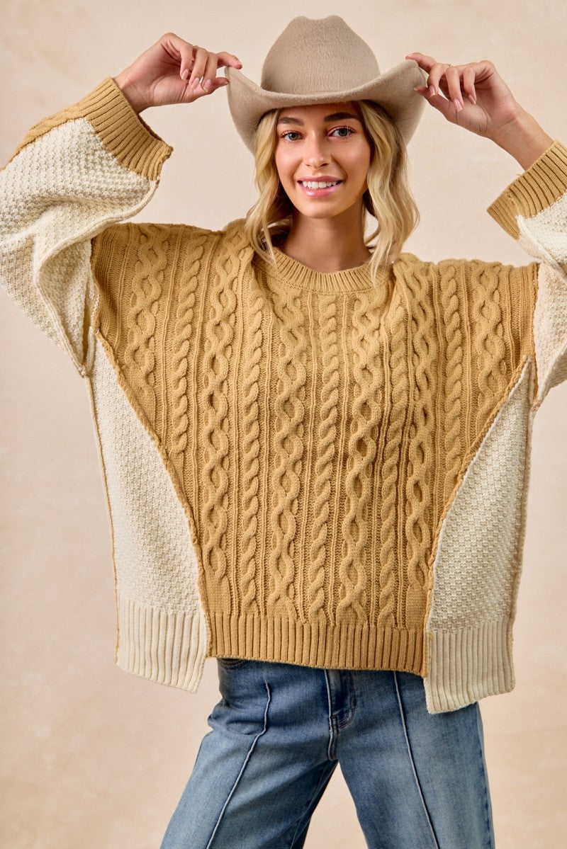 Cable Knit With Hacci Combo Top With Uneven Hem