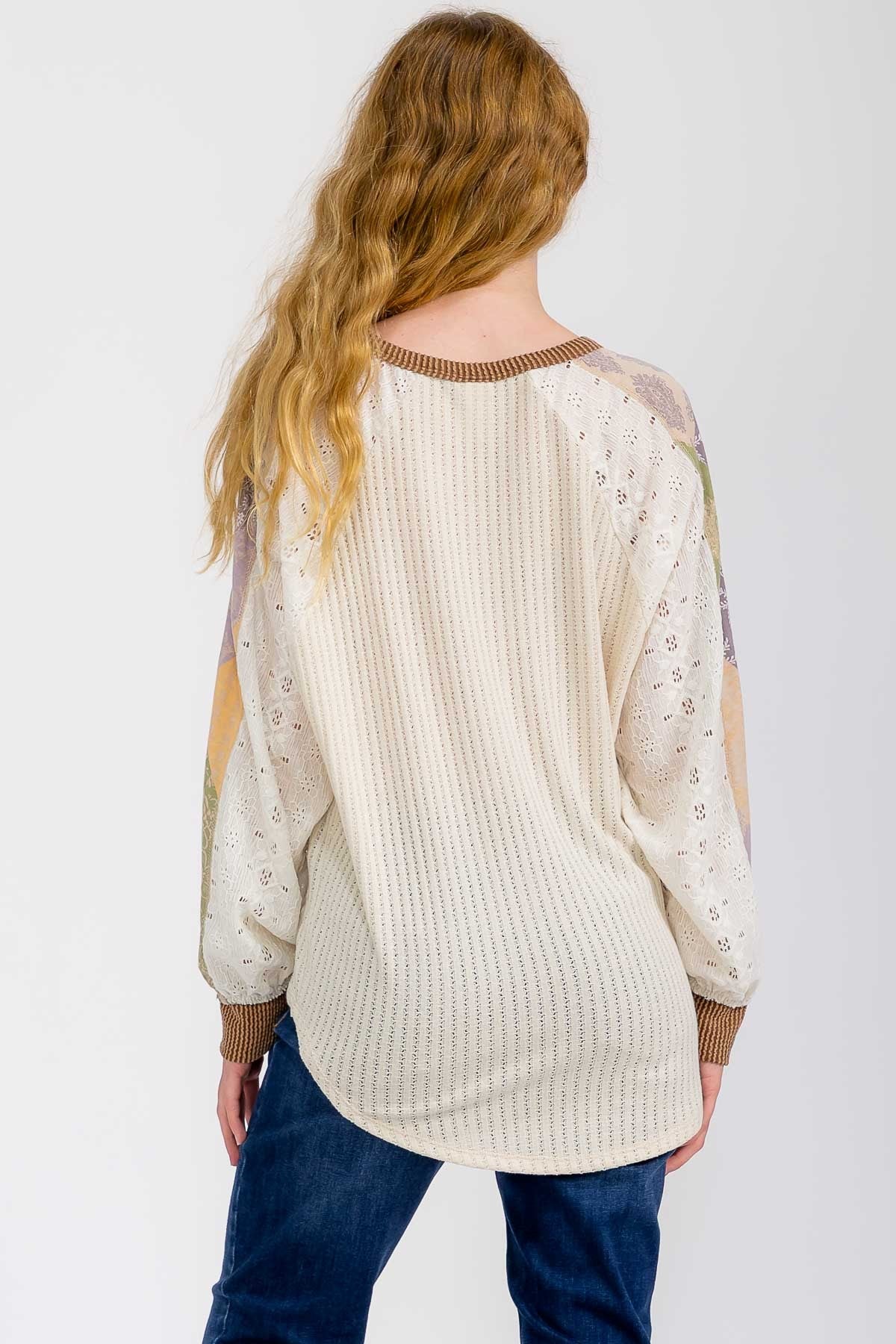 Plus Mixed Fabric Patchwork Henley Top