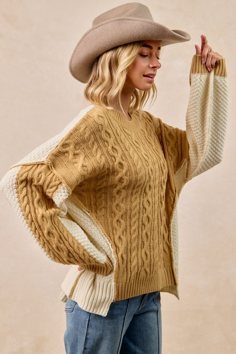 Cable Knit With Hacci Combo Top With Uneven Hem
