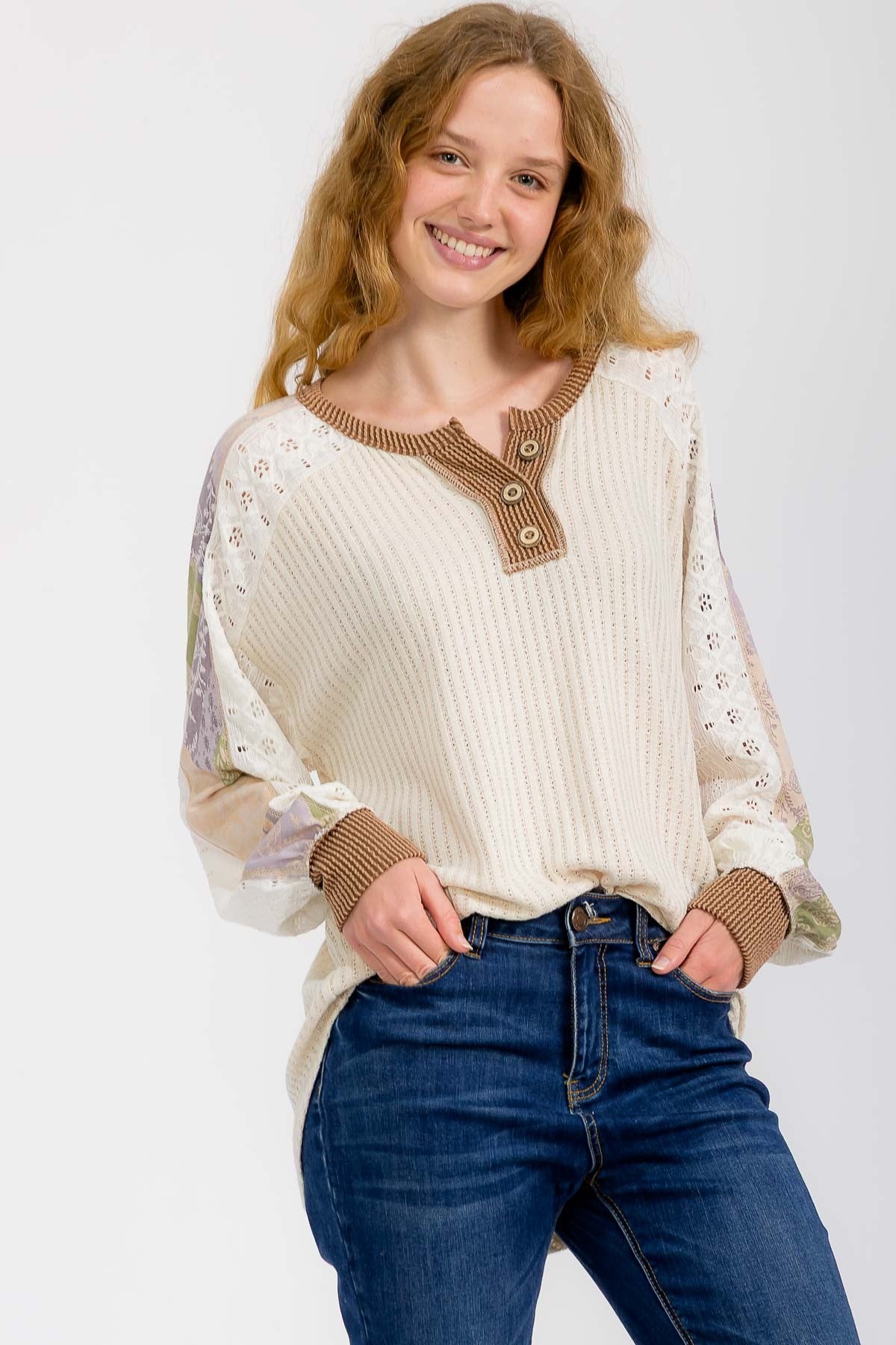 Plus Mixed Fabric Patchwork Henley Top