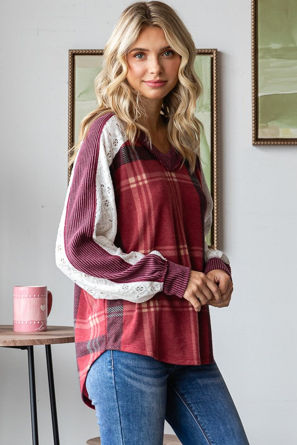 Plaid Lace Contrast V Neck Top