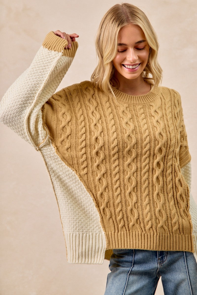 Cable Knit With Hacci Combo Top With Uneven Hem